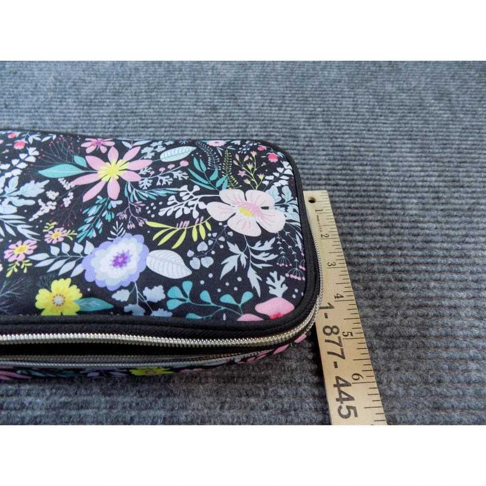 Floral Jewelry Travel Organizer Case Double Layer Storage Bag Black Botanical